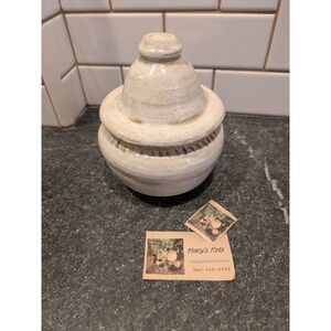 Mary's Pots Studio Pottery Lidded Jar Cream Yellow Teal Hand Thrown Signed MS